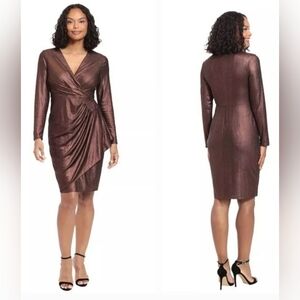 NWT LONDON TIMES Women's 12 Metallic Copper Faux Wrap Rouched Dress